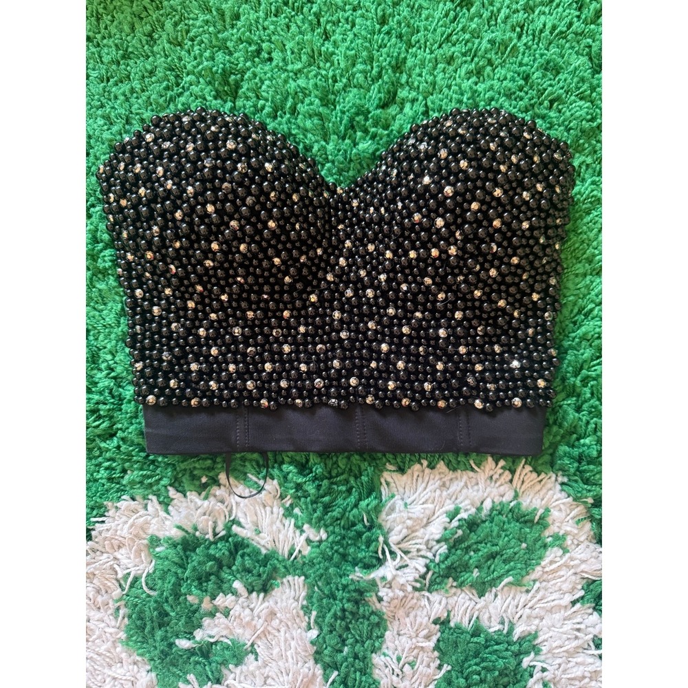 Black Beaded Rhinestone Bustier Crop Top Strapless Sweetheart Party Corset (G)